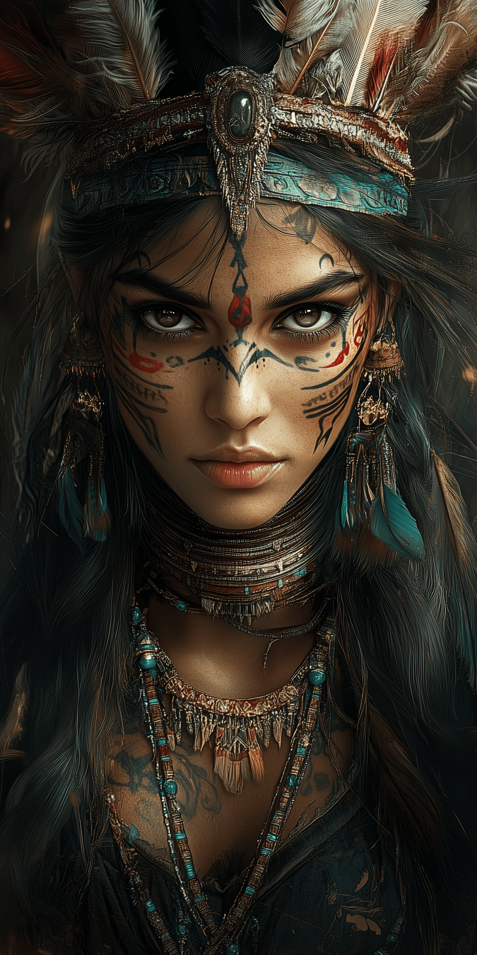 AI generated: A female warrior with dark hair and facial tattoos, wearing a headdress of feathers, full-body portr...