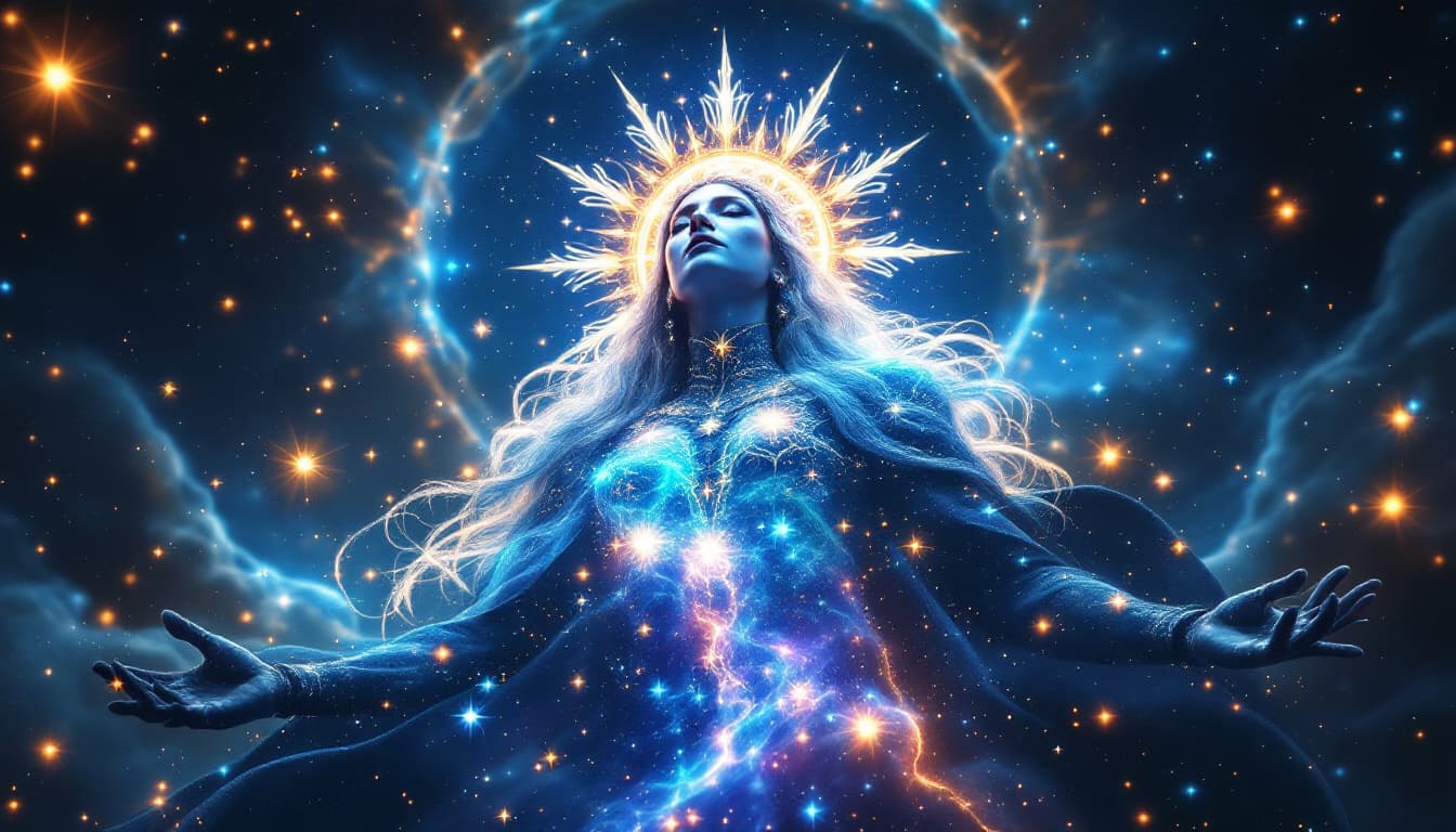 AI generated: Cakra Logo transforms into a 3D hologram that appears to be made of cosmic energy. As the Queen emer...