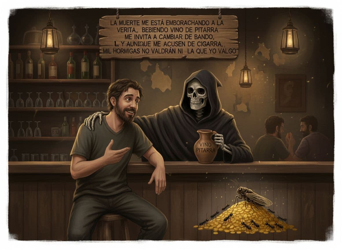 AI generated:  Quiero que la imagen imite esta escena:
"La muerte me está emborrachando a la verita de la barra, ...