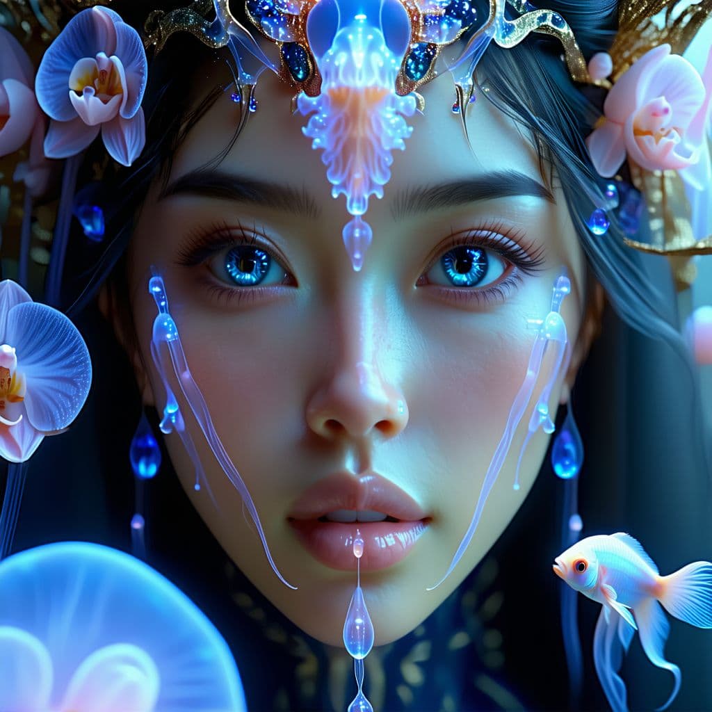 AI generated: Goddess close-up portrait ribcagel. jellyfish phoenix head, nautilus, orchid, skull, betta fish, bio...