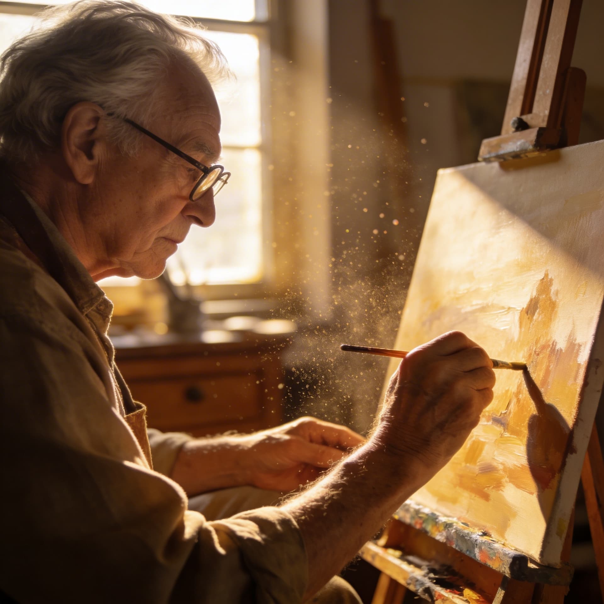 AI generated: "Elderly artist painting in sunlit studio. Dust particles in light beams. Slow push-in from medium t...