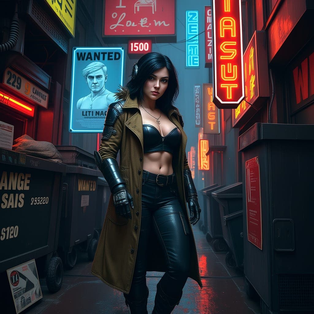 AI generated: A very realistic, gritty, neon-drenched street scene in a futuristic metropolis, reminiscent of a sc...
