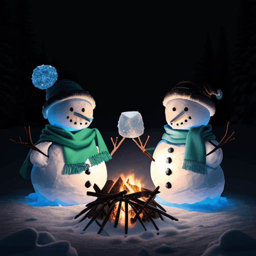 AI generated: In the cold darkness of the Antarctic night, 3 snowmen are gathered around a campfire made of ice cu...