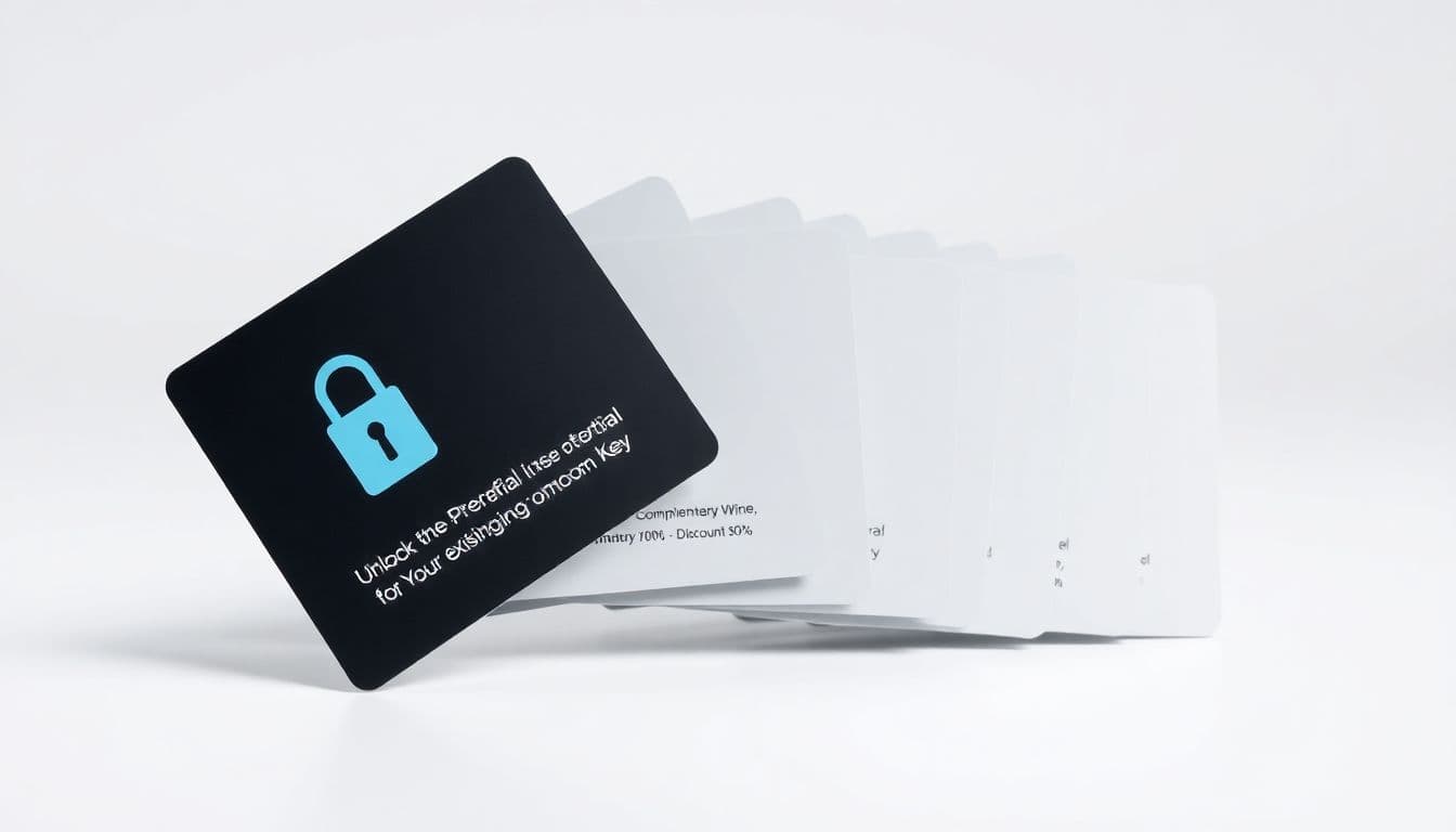 AI generated: **"A set of ultra-thin, sleek RFID hotel room key cards, arranged in a clean, structured fan-like la...