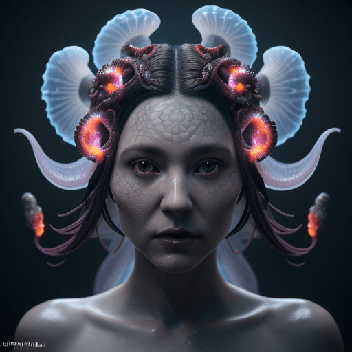 AI generated: Goddess close-up portrait ribcagel. jellyfish phoenix head, nautilus, orchid, skull, betta fish, bio...