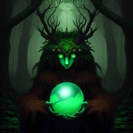 AI generated: A surreal forest guardian , holding a glowing orb