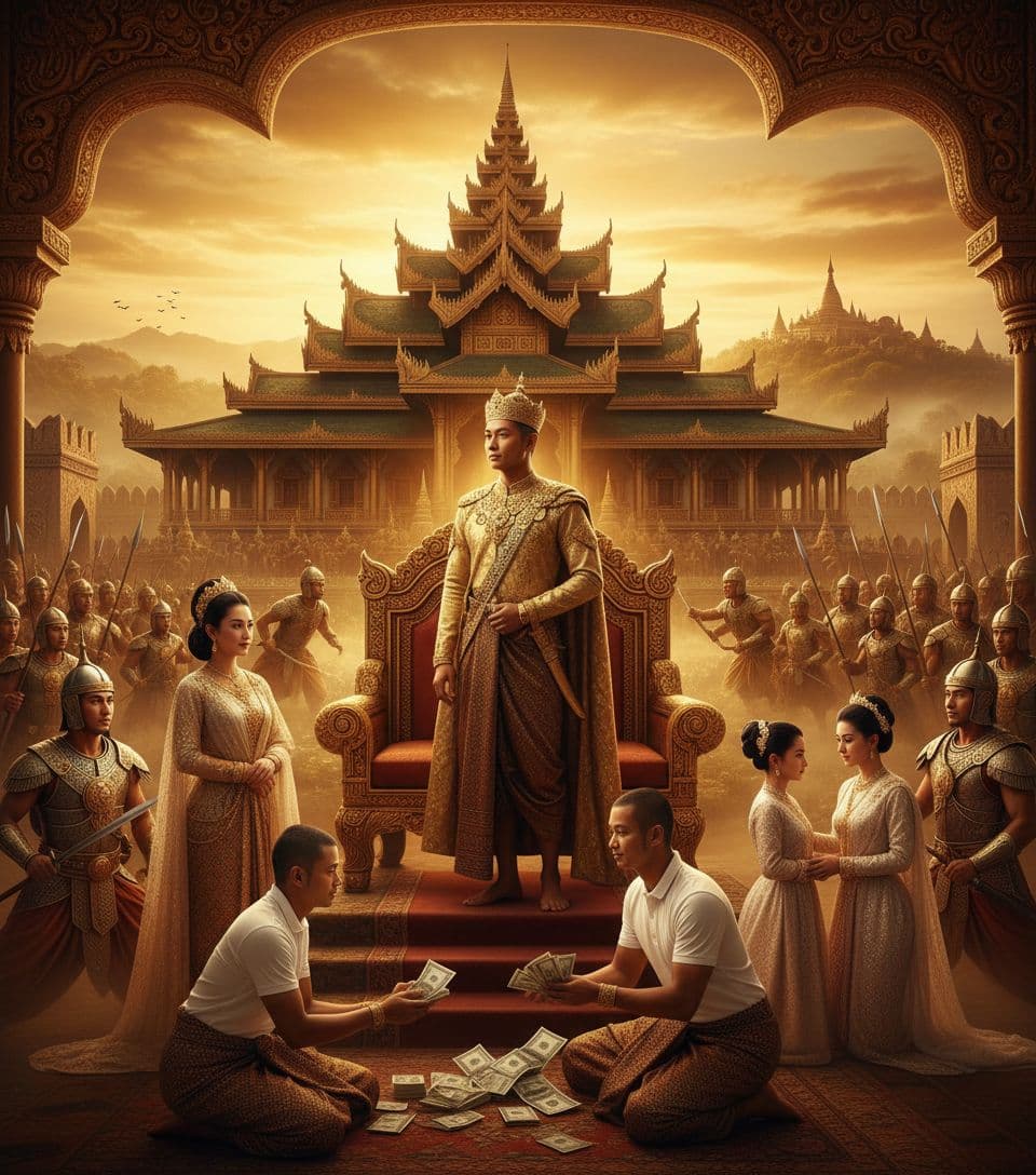 AI generated: Using the face of the person in this photo, To create a grand cinematic collage of Burmese history -...