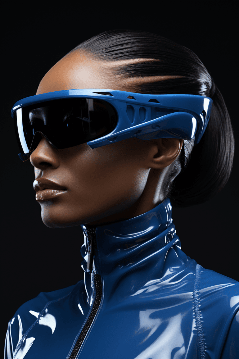 AI generated: Fashion shoot, Jacquemus and Moncler collaboration: dark blue translucent futuristic sunglasses, hyp...