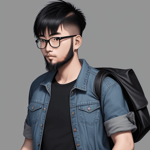 AI generated: Chinese young adult. with a jean jacket and a black tshirt. carrying a military bag on his back. sho...