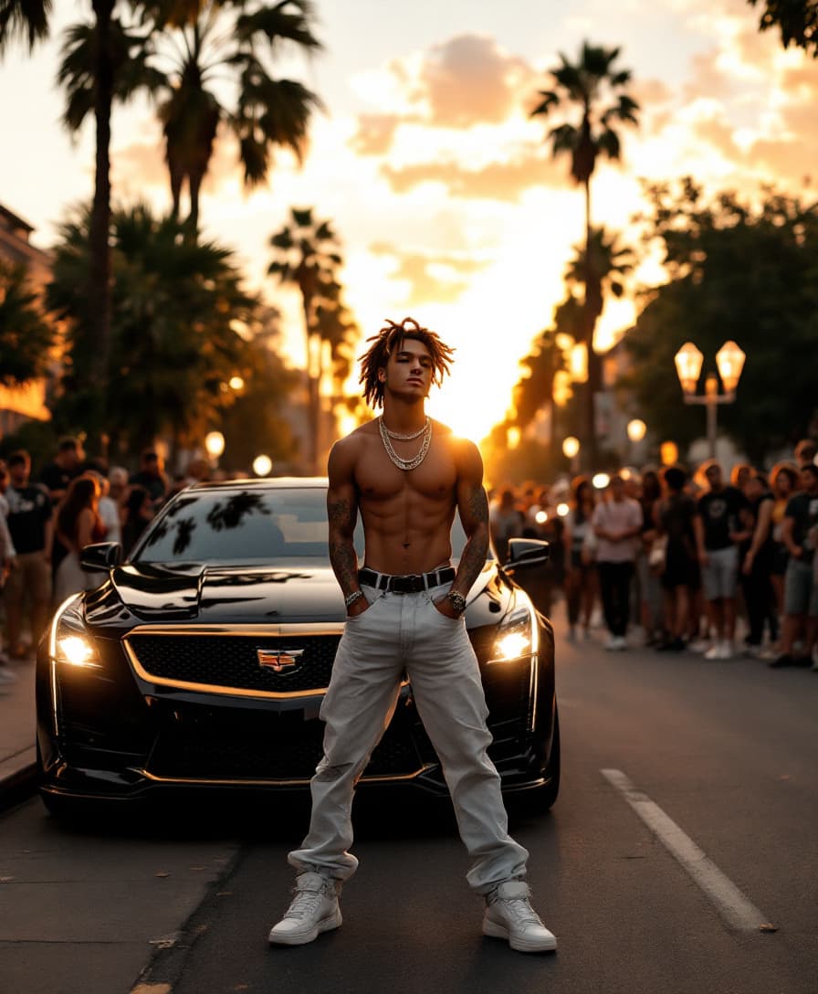 AI generated: A white-skinned brunette rapper stands near the cadillac confidently on a vibrant urban street. The ...