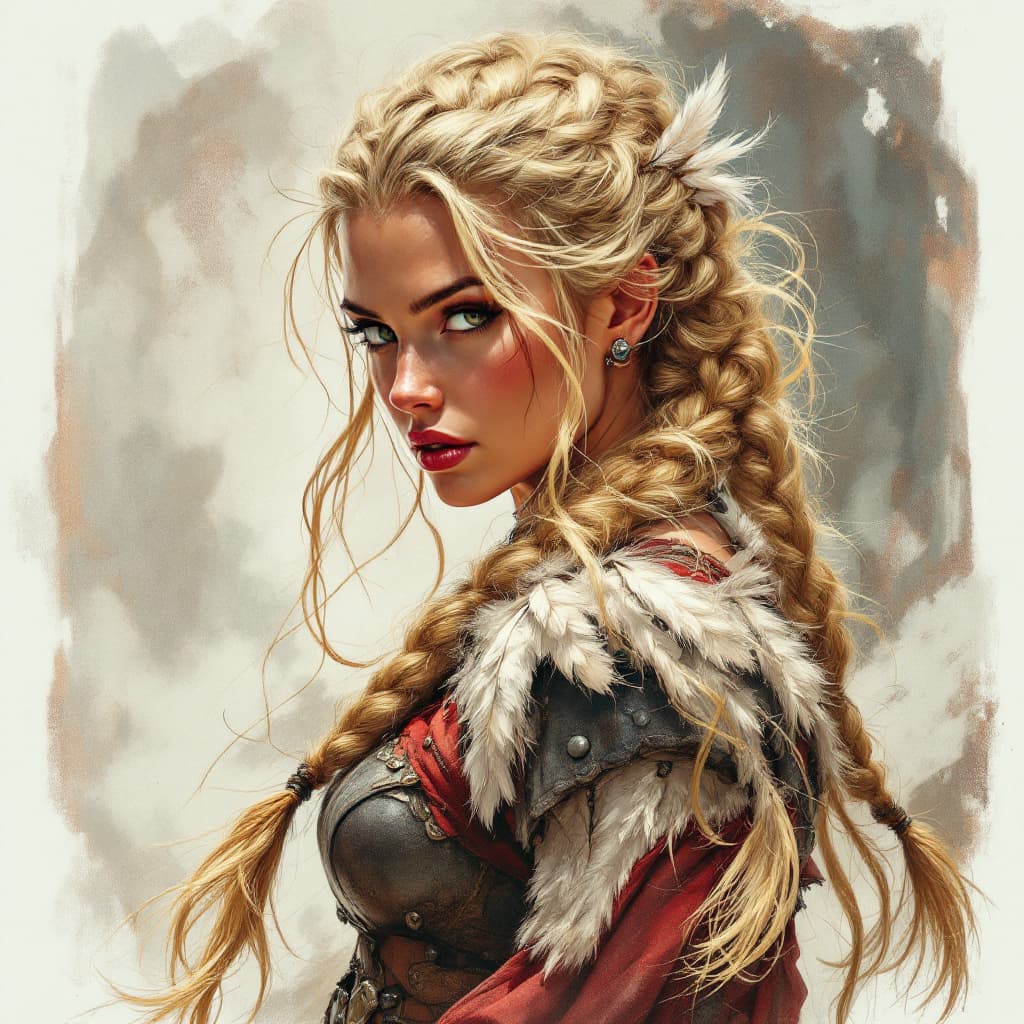 AI generated: Color drawing of a Viking warrior woman in the style of Frank Frazetta, with braided hair, feathers ...
