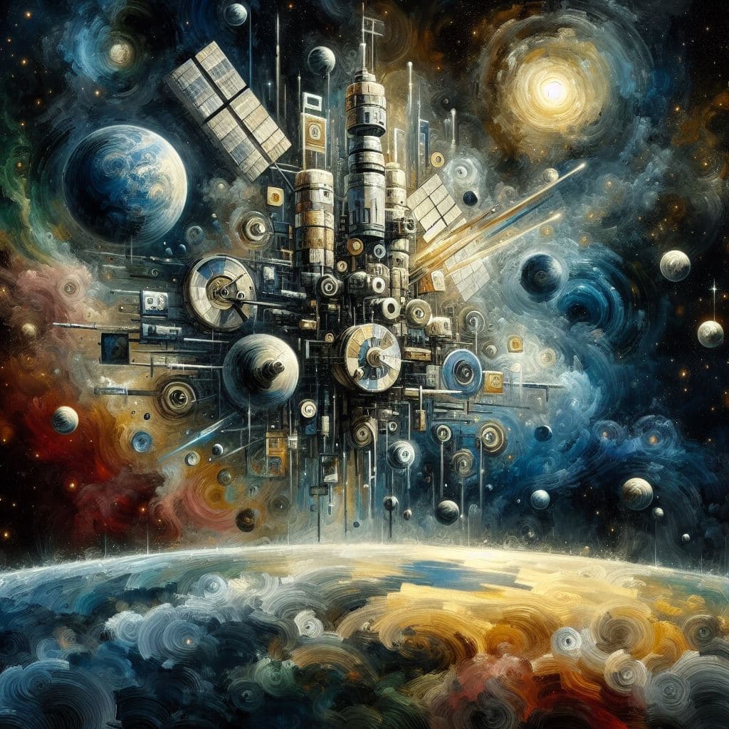 AI generated: abstract painting of the ISS in orbit above earth, symbolism, masterpiece, highly imaginative, intri...