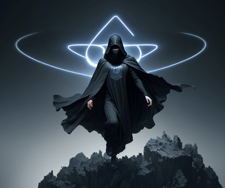 AI generated: levitating dark cloaked figure with Nike swoosh on cloak opening the void to infinity by Craig Mulli...