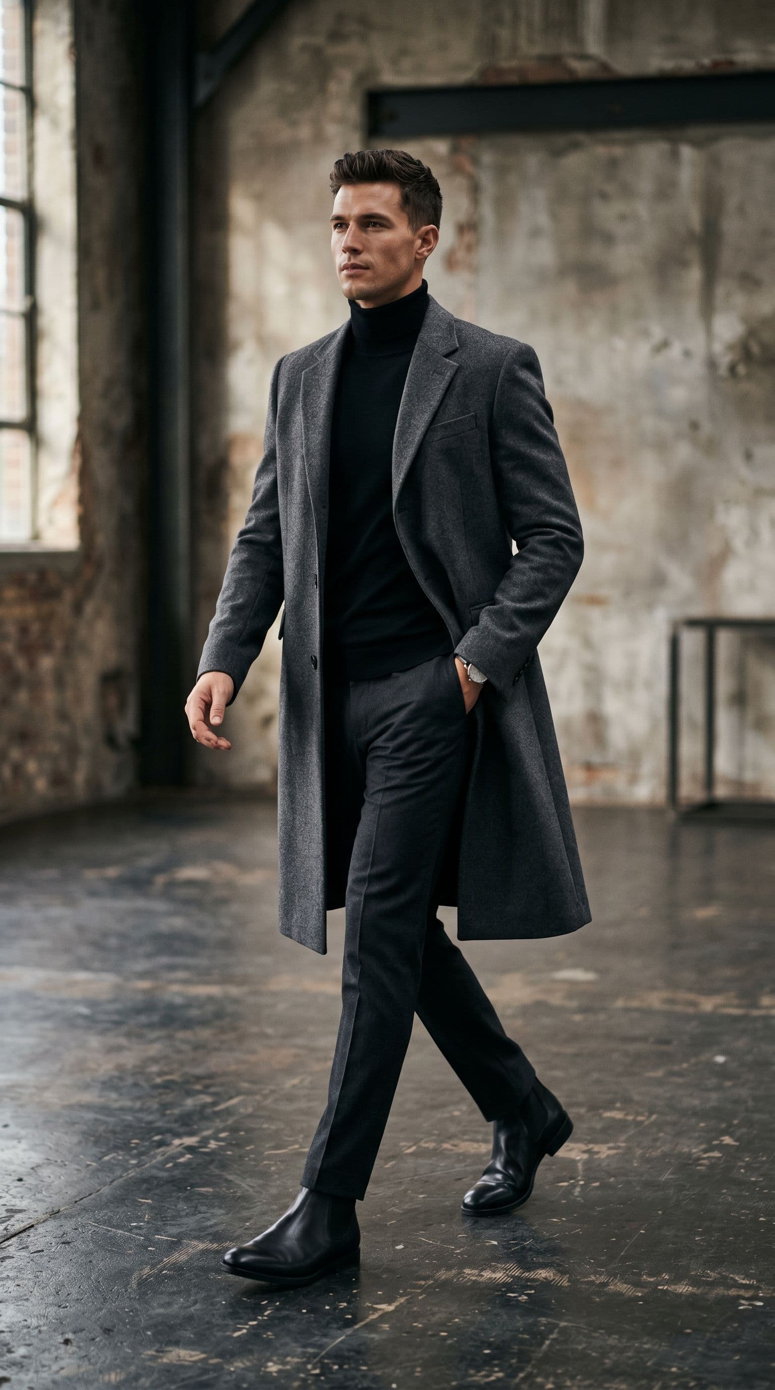 AI generated: Create a fashion image of a male model dressed in a long, tailored coat layered over a monochrome ou...