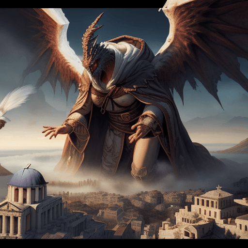 AI generated: A tapestry of a giant monster in a robe and a hood with only two white eyes showing with two giant w...