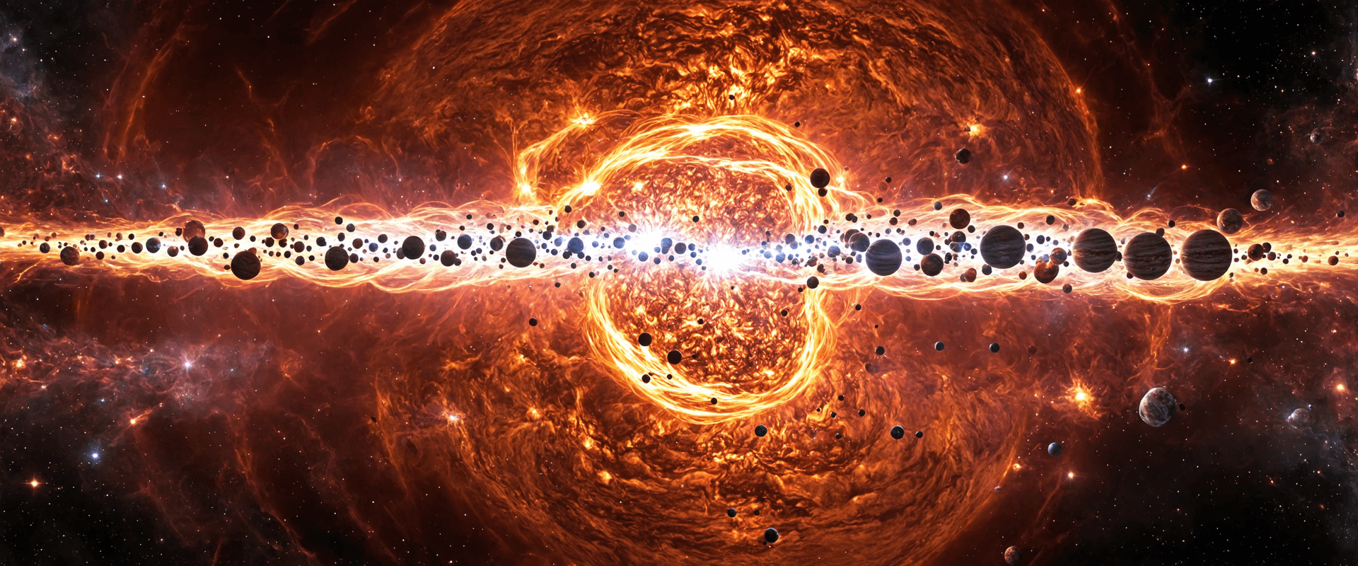 AI generated: Marvel Multiverse, unknown solar system with many stars, giant stars, burning plasma in the atmosphe...