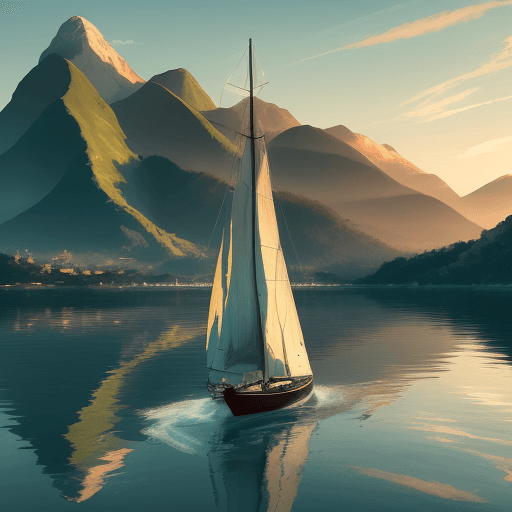 AI generated: aesthetic, painterly style, modern ink, 
a small sailboat gracefully approaching from the distance ...