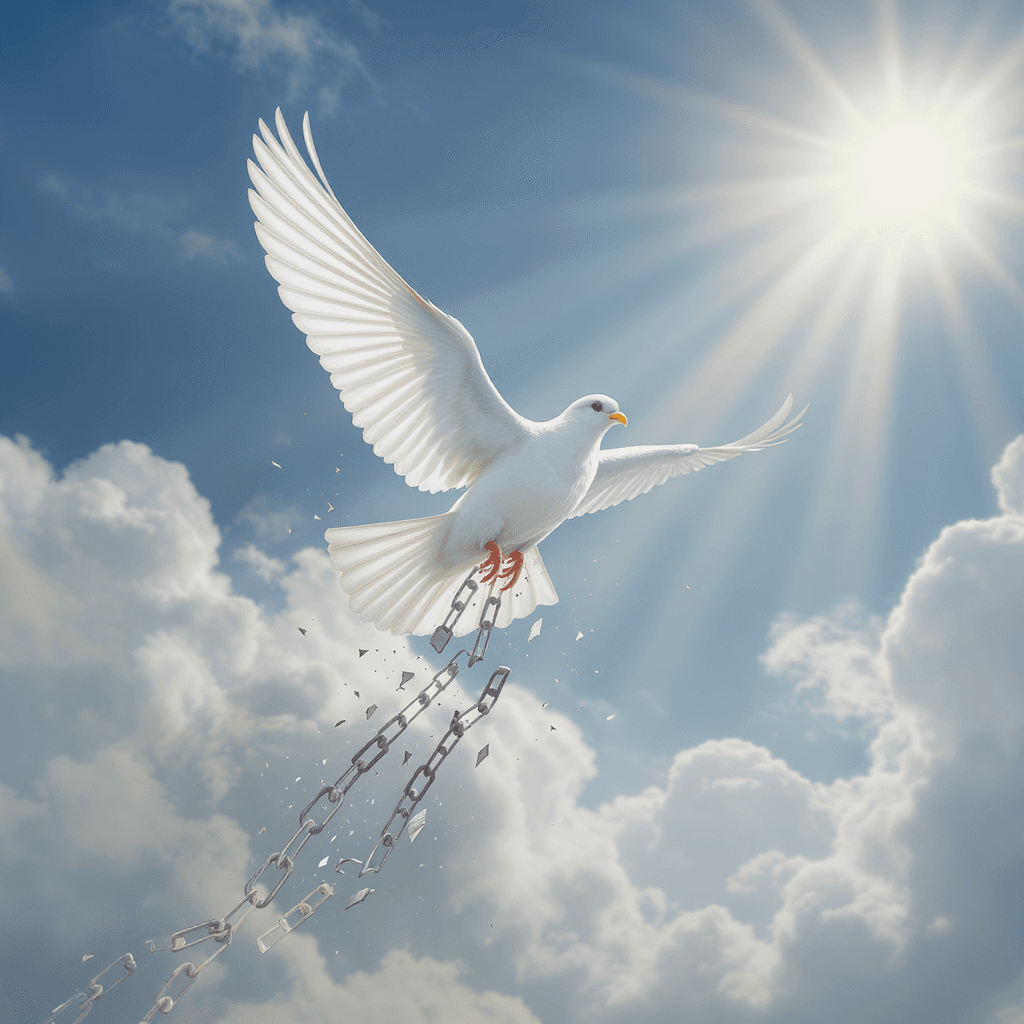 AI generated: "A white dove flying upward into a bright sky, broken iron chains falling from its feet, rays of lig...