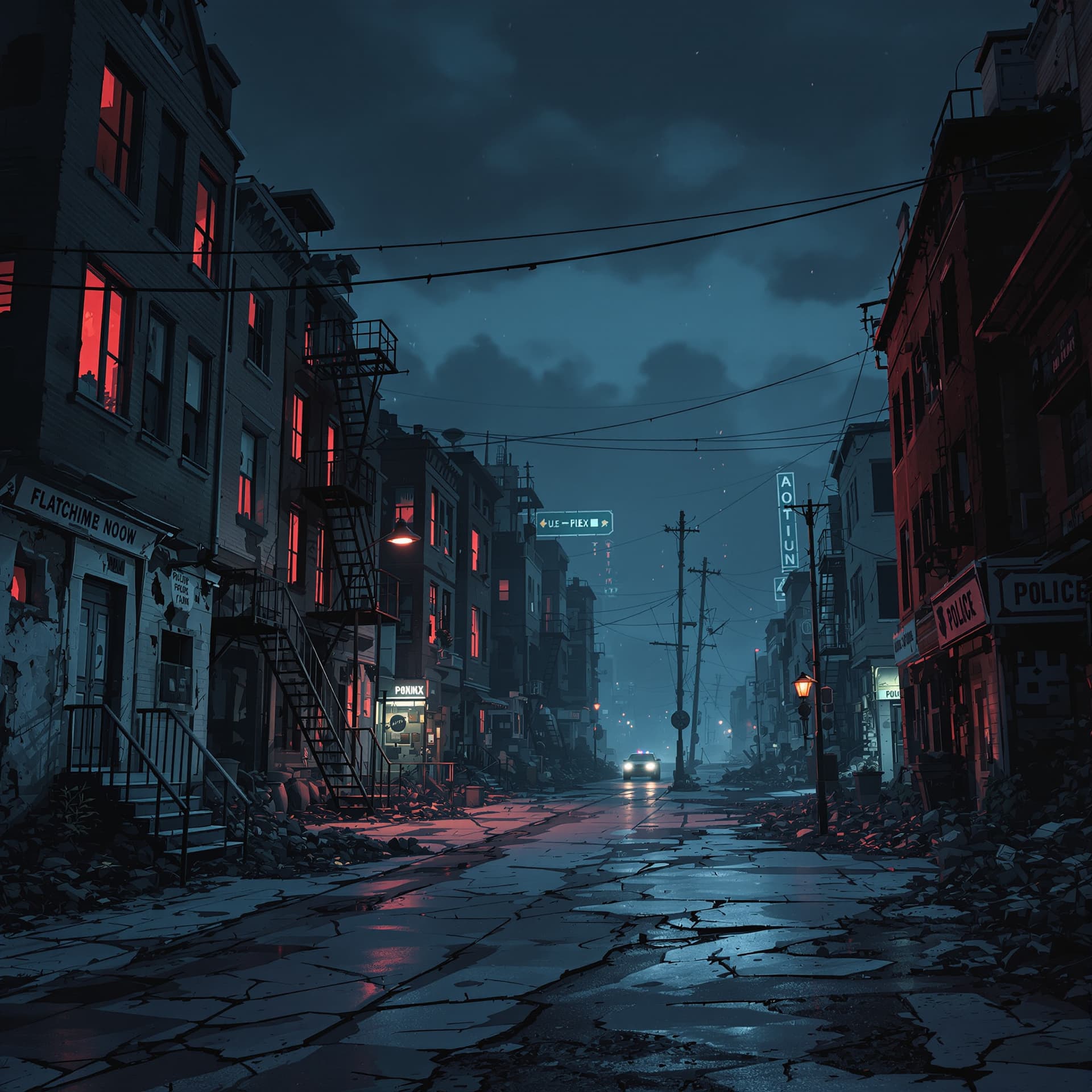 AI generated: front view of A deserted destroyed abandoned urban anime ghetto neighborhood really run down abandon...