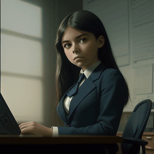 AI generated: Portrait Young girl in dark blue business suit in an office room at a desk in front of a computer, p...