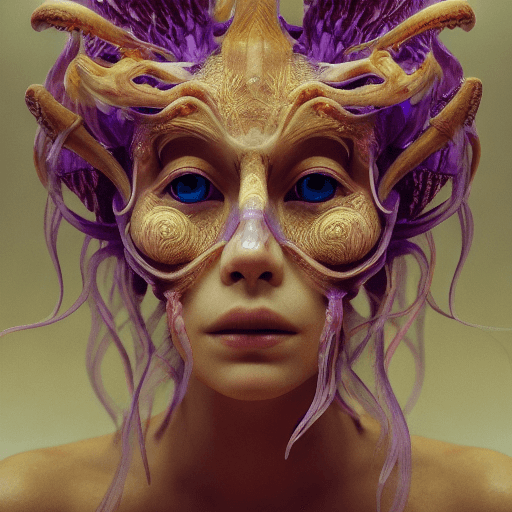 AI generated: Goddess close-up portrait ribcagel. jellyfish phoenix head, nautilus, orchid, skull, betta fish, bio...