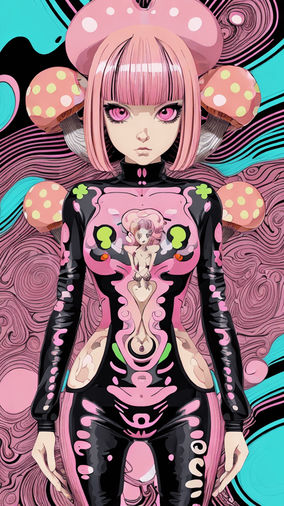 AI generated: in a funky background portrait of little mushroom woman, pink hair, Prominent eyes, funky background...