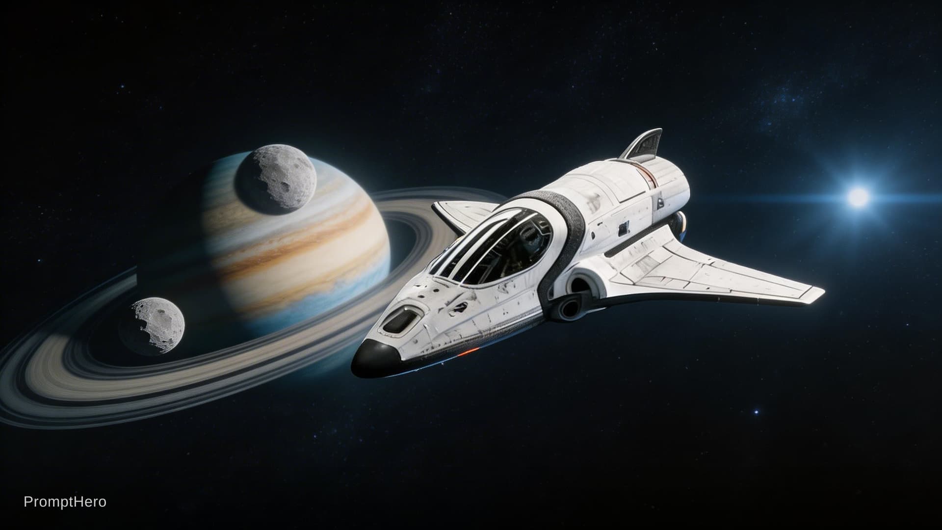 AI generated: Sci-Fi scene. Create a scene where the ship in the reference imge is flying through space, alone. Us...