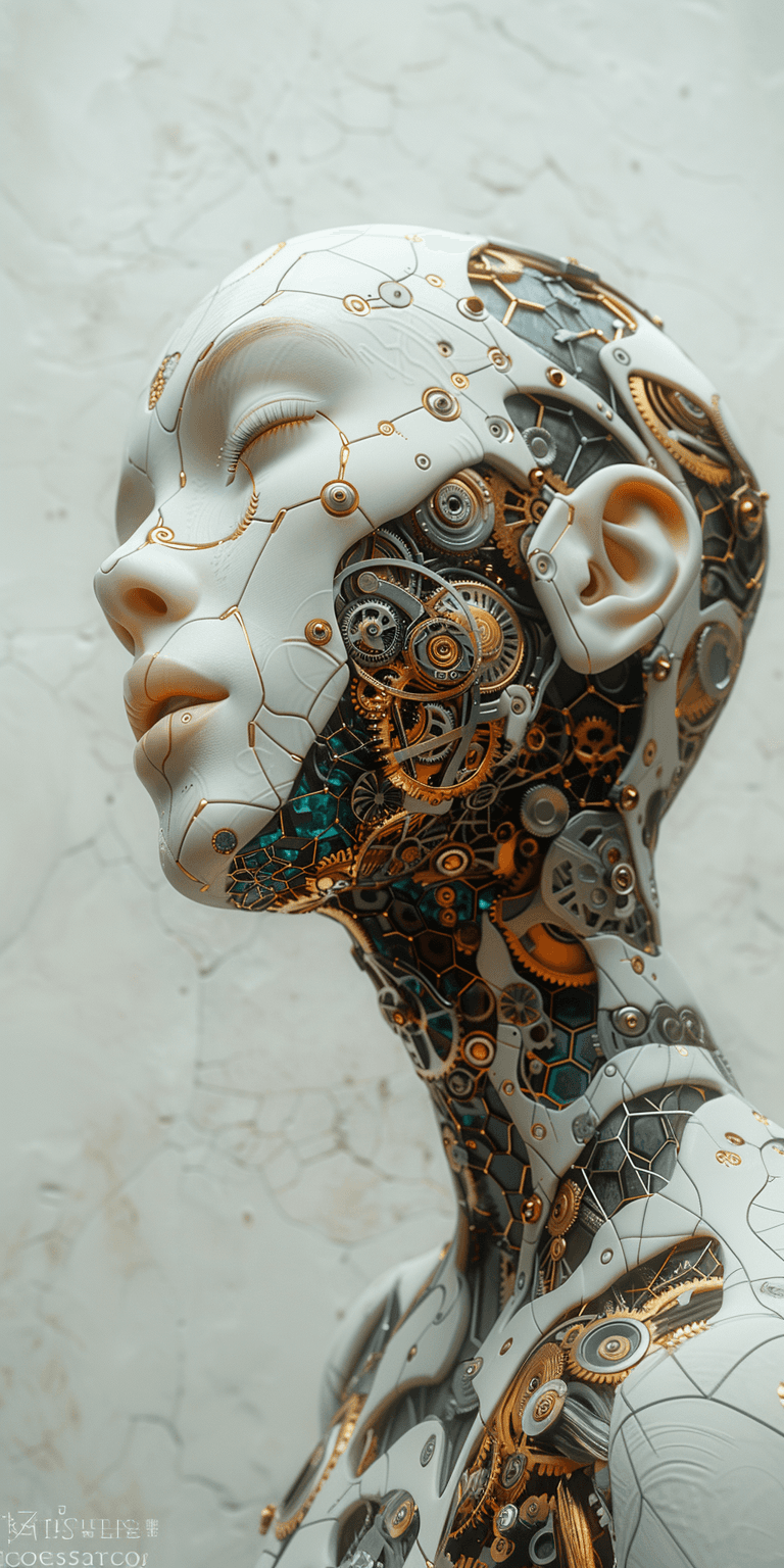 AI generated: An abstract sculpture of a head and neck in slight profile with the skin made up of intricate patter...