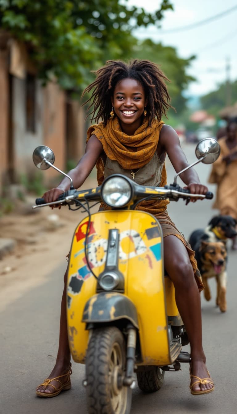 AI generated: Etwa 13 Jahre Junges afrikanisches Mädchen lächelnd auf einem sehr alten verbeulten Moped fährt über...