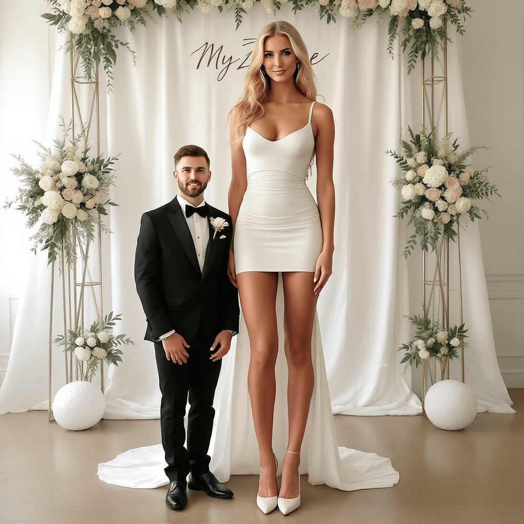 AI generated: A photo of a 10-foot-tall, 19-year-old blonde former volleyball player from America. She is wearing ...