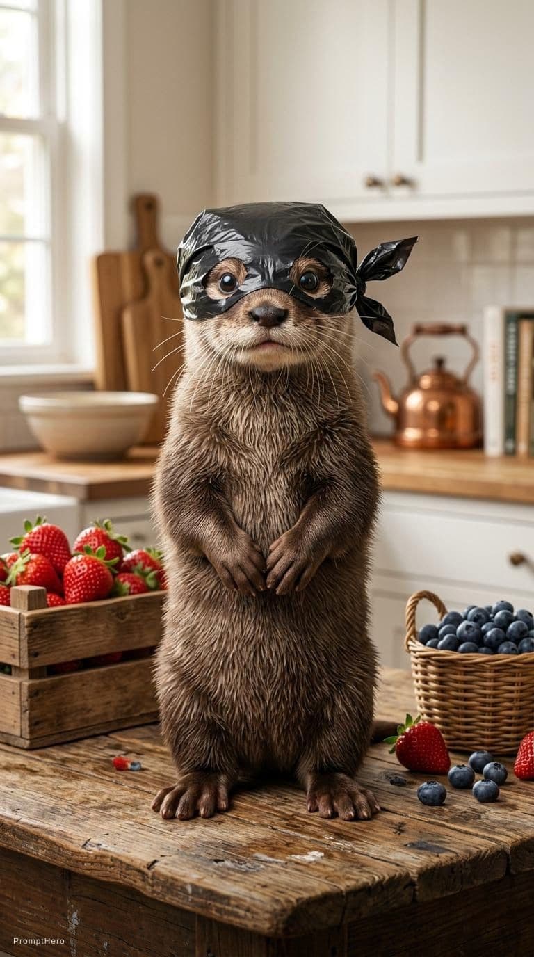 AI generated: An adorable baby otter standing upright on a rustic wooden kitchen table, tiny paws resting naturall...
