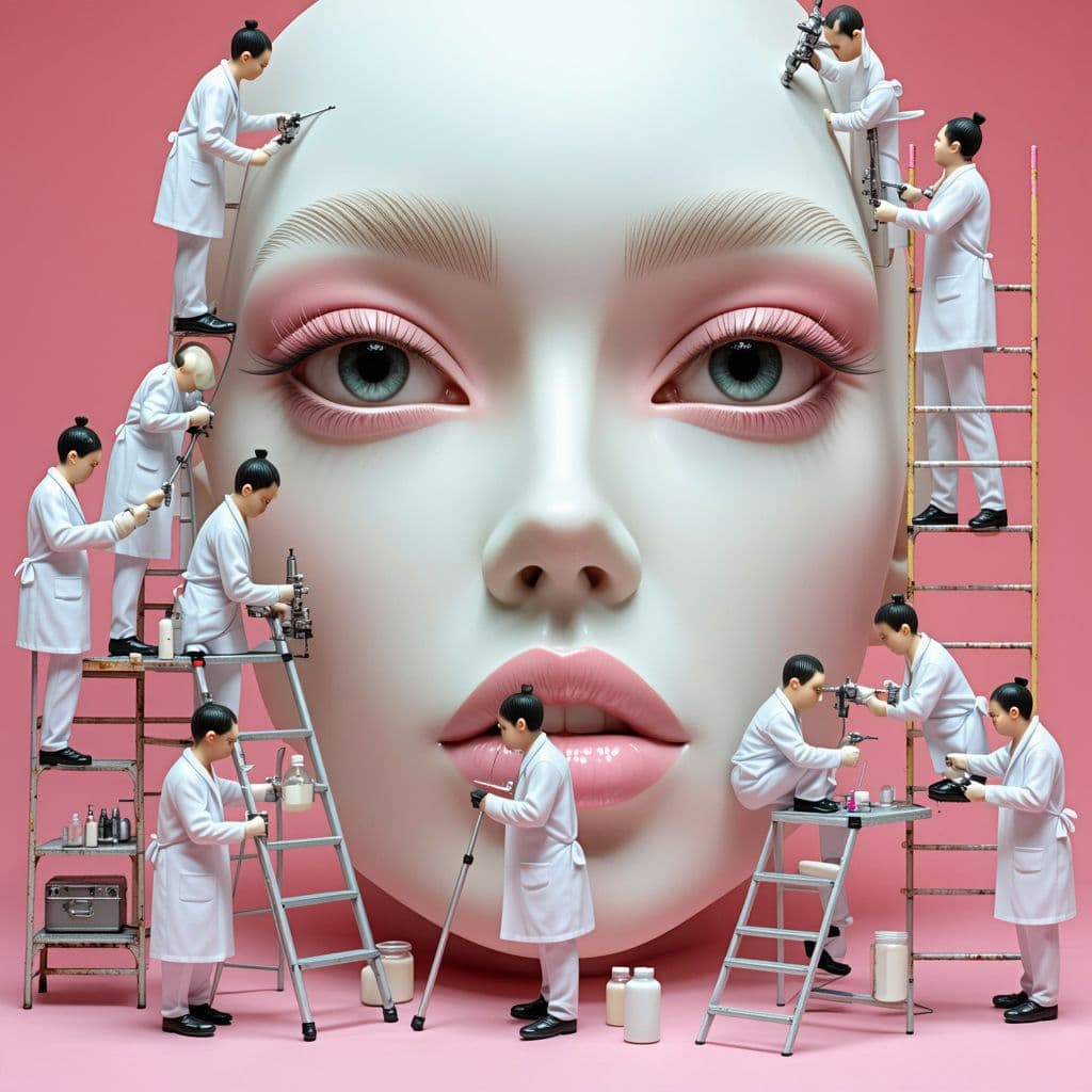 AI generated: Create a Real Eye of a Model Face - A real photo of numerous tiny people, reminiscent of midgets, pe...