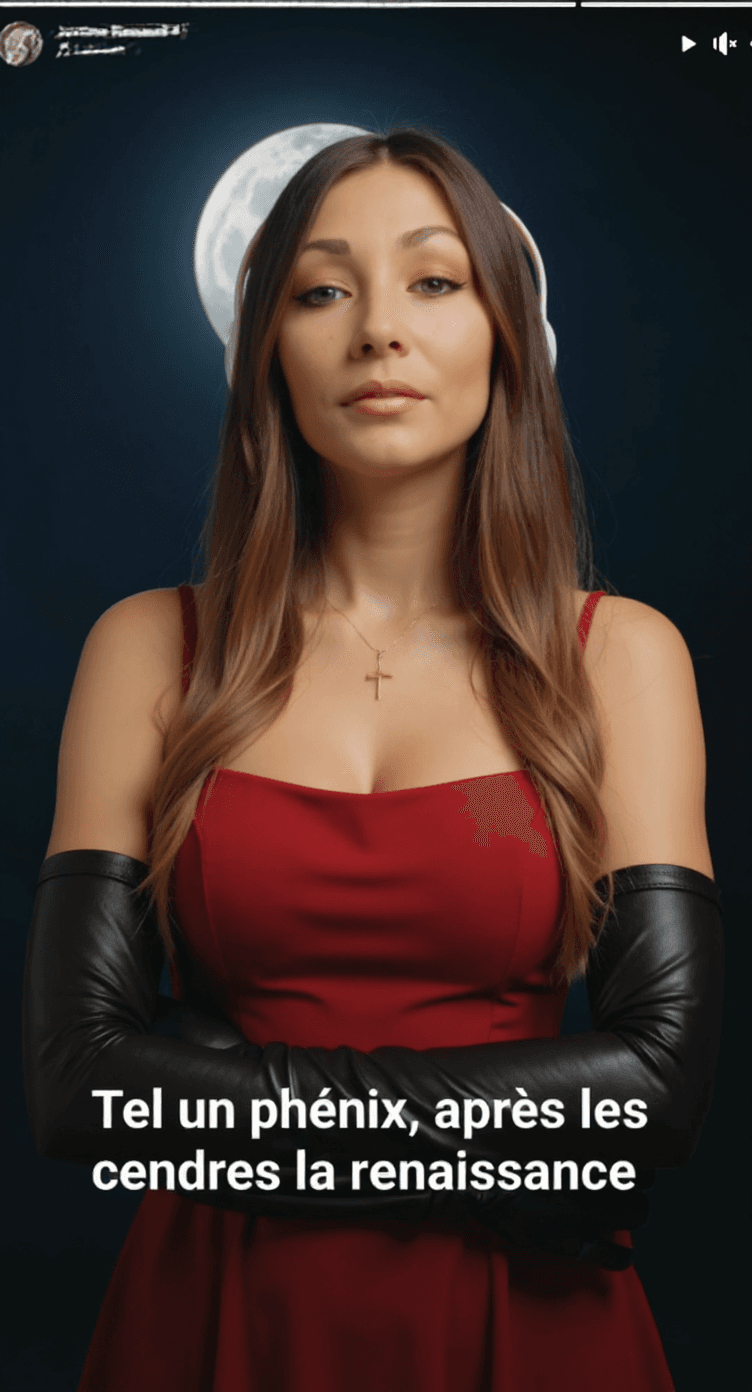 AI generated: watching moon, red dress, black long gloves, remove headset