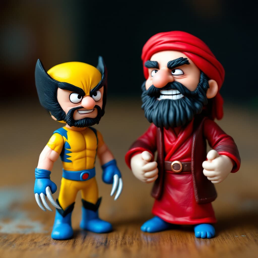 AI generated: Two plasticine figures of a mullah and a Christ, modeled with bright, colorful clay. mullah is depic...