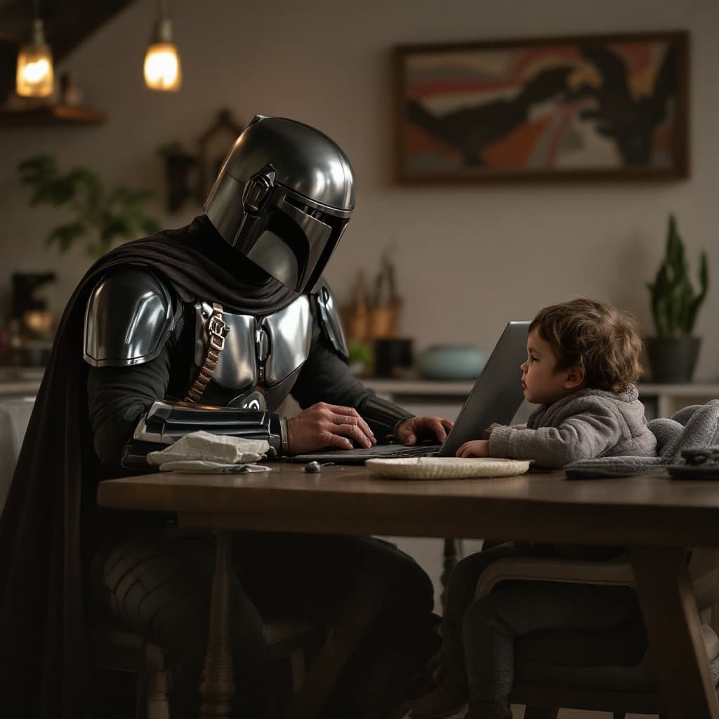 AI generated: The Mandalorian and Pedro Pascal dressed like an old lady sitting on a table looking at a laptop com...