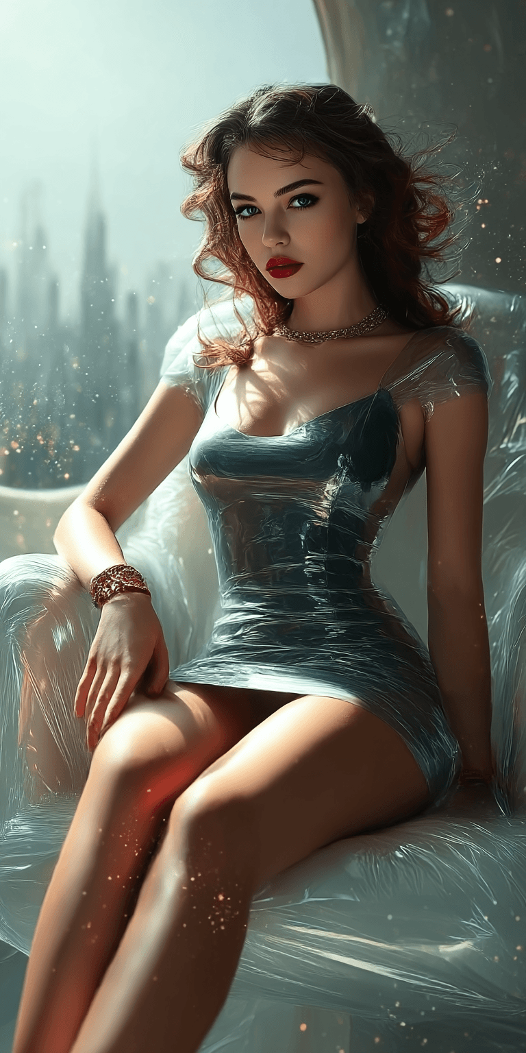 AI generated: A stunningly beautiful woman with flowing, wavy auburn hair and piercing blue eyes sits elegantly on...
