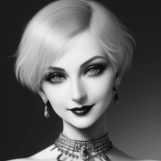 AI generated: Old black and white photography from 1920 of an elegant woman, short grey hair, slim, skinny, Make-u...