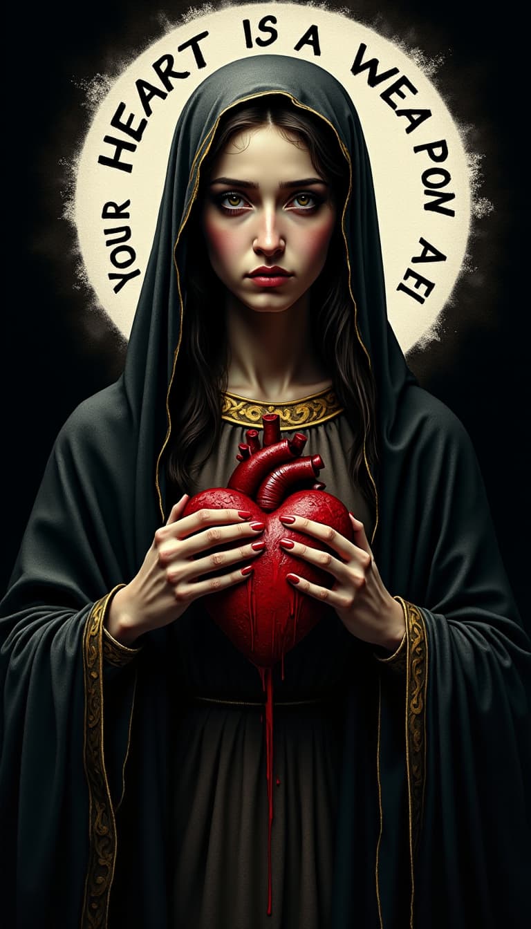 AI generated: A highly detailed, photorealistic illustration of the Virgin Mary, set against a deep black backgrou...