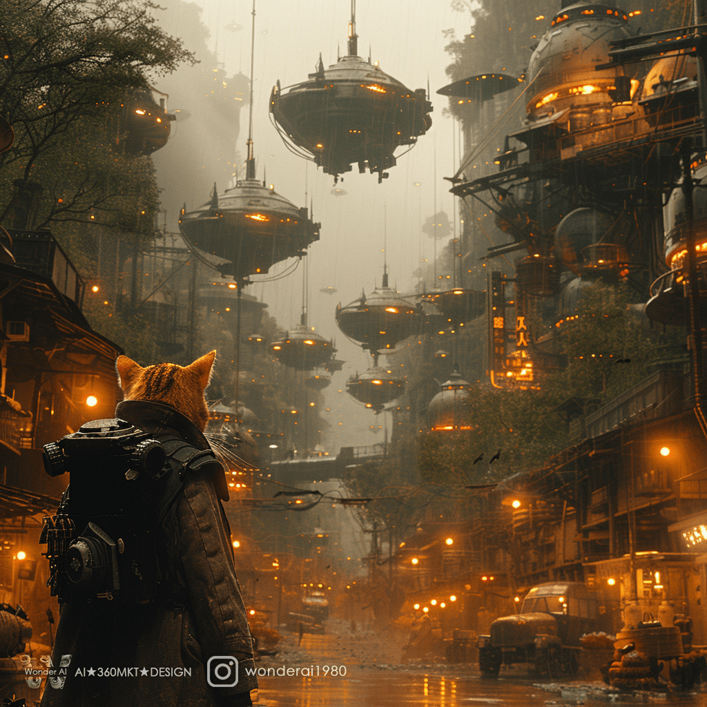 AI generated: A cat stands in the center of an epic, futuristic forest with many flying machines hanging from floa...