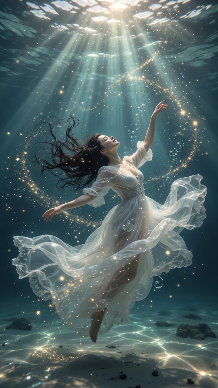 AI generated: A breathtaking ethereal woman floating gracefully underwater, eyes closed in serene bliss, head tilt...