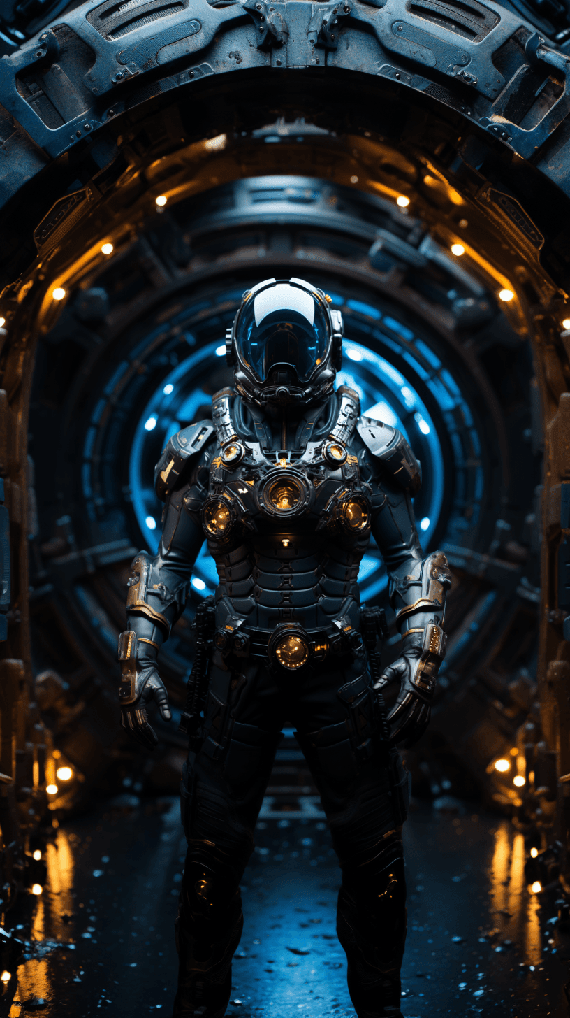 AI generated: futuristic warrior in full military attire, full body hologram inside a flat screen, space ship inte...