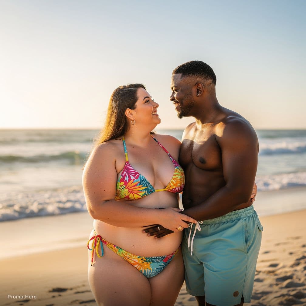 AI generated: a big bottomed white woman with her black bf. scanty clothing. on a beach in bikini