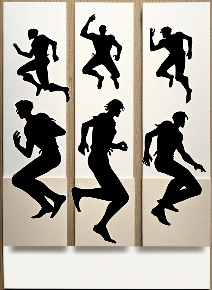 AI generated: Group silhouette of men who jump, woodcut print on white paper
