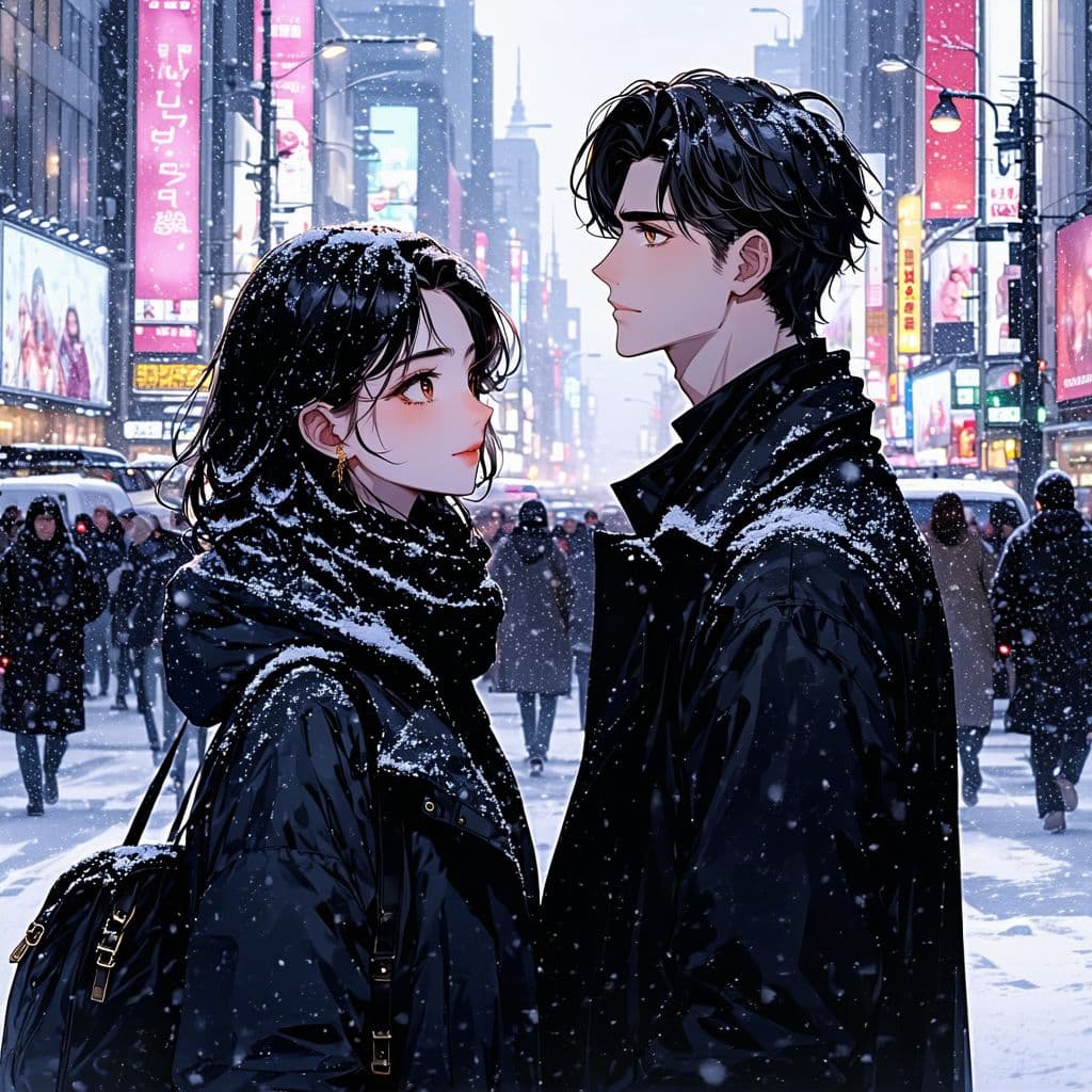 AI generated: A detailed illustration in the romantic style of a 1980s shōjo manga: On a chilly winter evening in ...
