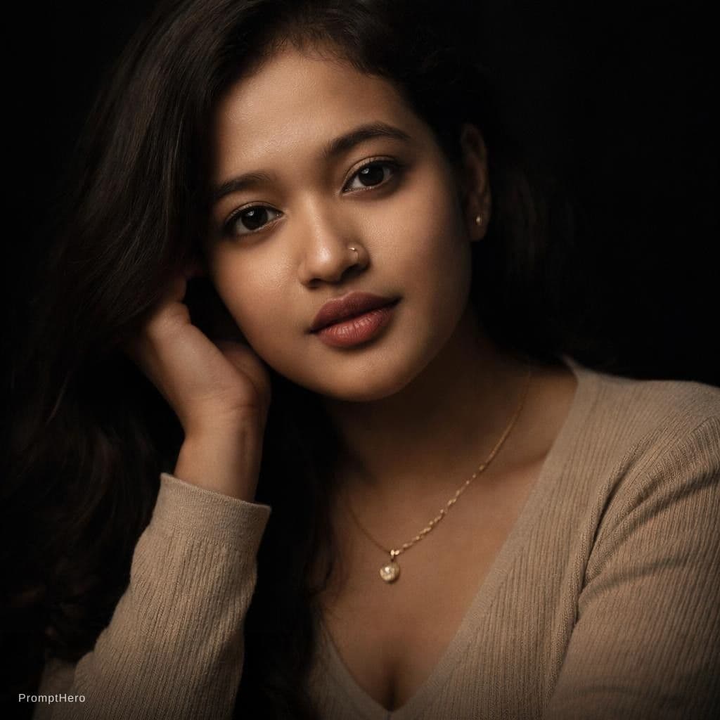 AI generated: A photorealistic close-up portrait of an adult woman in a dimly lit, moody studio setting, captured ...