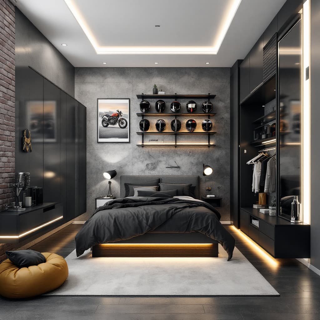 AI generated: Design a stylish and modern bedroom for a 25-year-old male who loves motorcycles. The room should in...