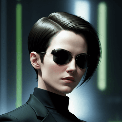 AI generated: An agent from the Matrix with short hair, Trinity