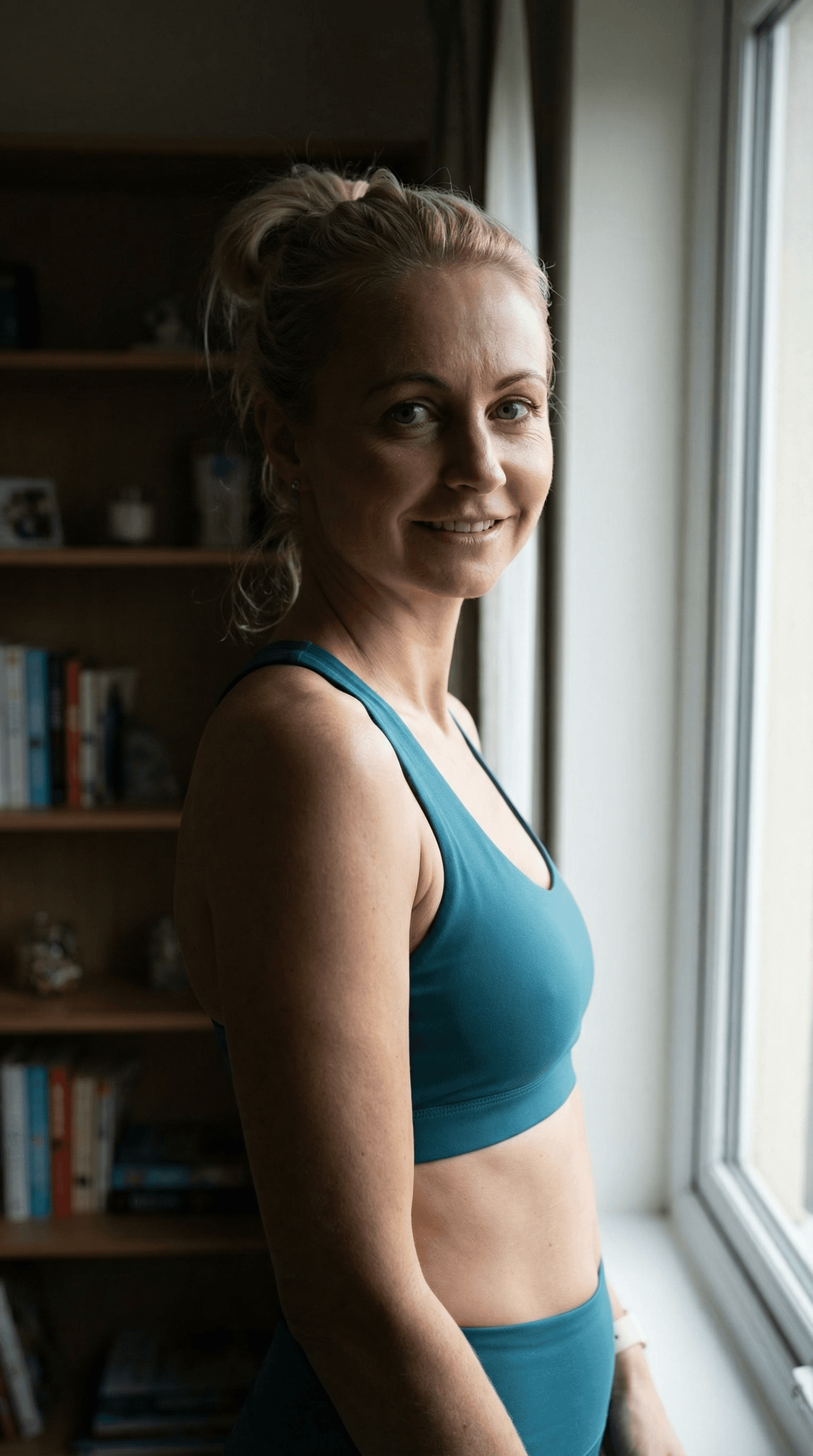 AI generated: Create a photo-realistic depiction of a fit adult woman standing by a large window in a dimly lit ro...