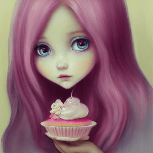 AI generated: a girl with pink hair holding a cupcake, kawaii realistic portrait, melancholy pastel art, by nicole...