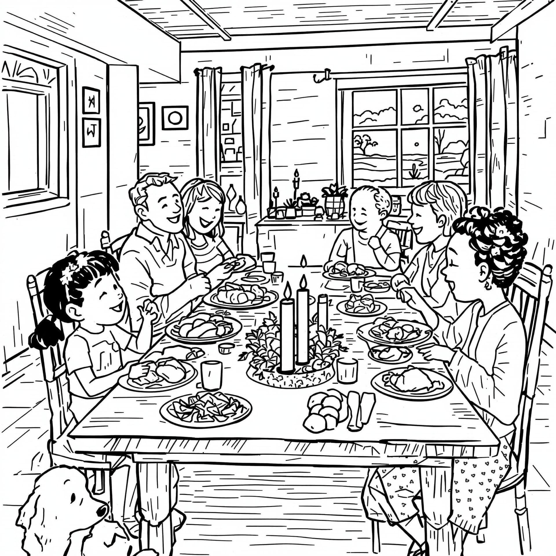 AI generated: High-resolution black-and-white line drawing of a family dinner scene: A warm and inviting family di...